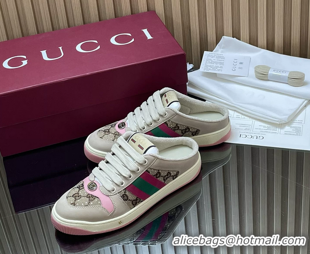 Stylish Gucci Screener Mule Sneakers Shoes  Leather and GG Canvas 260503 Beige Pink