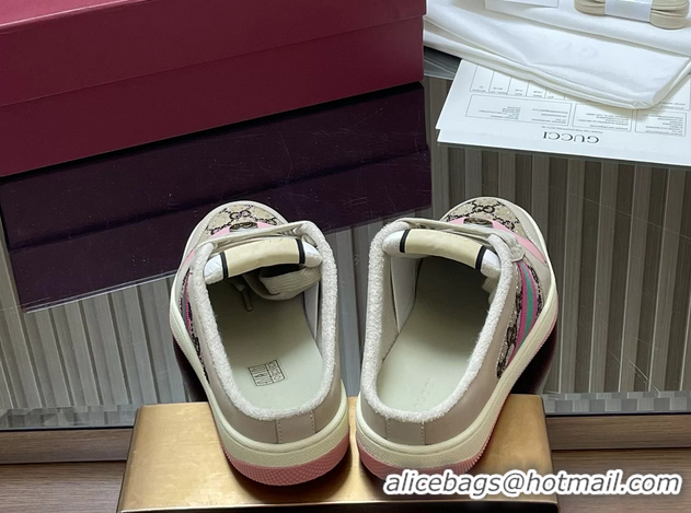 Stylish Gucci Screener Mule Sneakers Shoes  Leather and GG Canvas 260503 Beige Pink