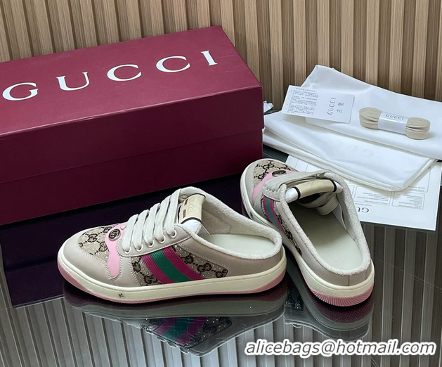 Stylish Gucci Screener Mule Sneakers Shoes  Leather and GG Canvas 260503 Beige Pink