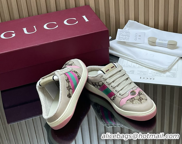 Stylish Gucci Screener Mule Sneakers Shoes  Leather and GG Canvas 260503 Beige Pink