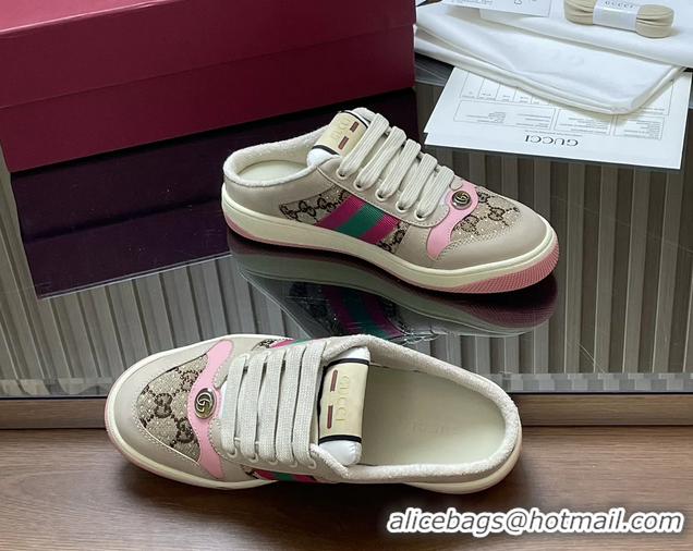 Stylish Gucci Screener Mule Sneakers Shoes  Leather and GG Canvas 260503 Beige Pink