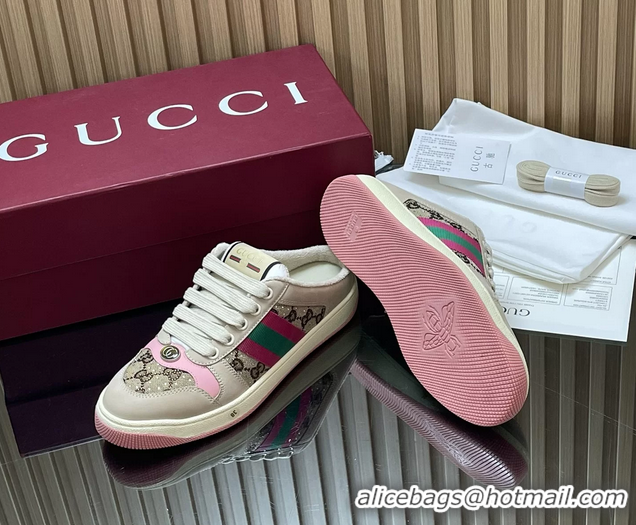 Stylish Gucci Screener Mule Sneakers Shoes  Leather and GG Canvas 260503 Beige Pink