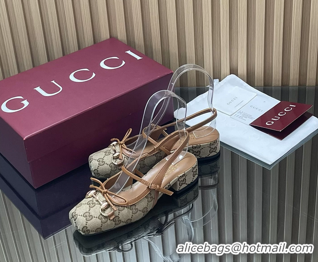 Pretty Style Gucci Horsebit Slingback Flats Beige GG Canvas 260503 Beige