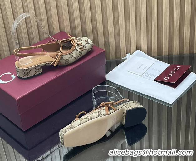 Pretty Style Gucci Horsebit Slingback Flats Beige GG Canvas 260503 Beige