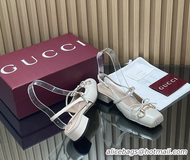Shop Duplicate Gucci Horsebit Slingback Flats  Calfskin Leather 260503 Cream