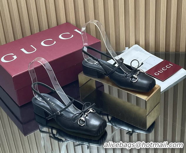 Discount Gucci Horsebit Slingback Flats Black Calfskin Leather 260503