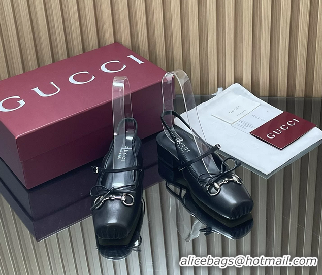 Discount Gucci Horsebit Slingback Flats Black Calfskin Leather 260503