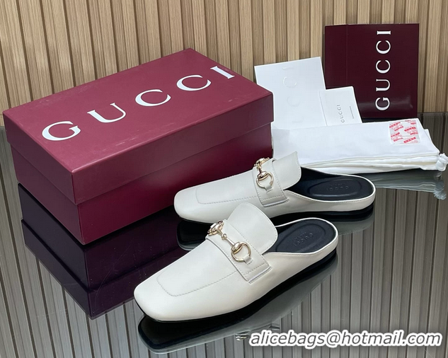 Hot Style Gucci Ragazzo Horsebit Flat Mules White Calf Leather 260503 White