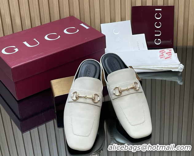 Hot Style Gucci Ragazzo Horsebit Flat Mules White Calf Leather 260503 White