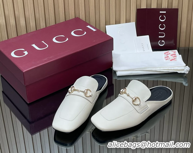 Hot Style Gucci Ragazzo Horsebit Flat Mules White Calf Leather 260503 White