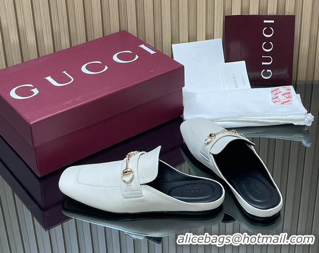 Hot Style Gucci Ragazzo Horsebit Flat Mules White Calf Leather 260503 White