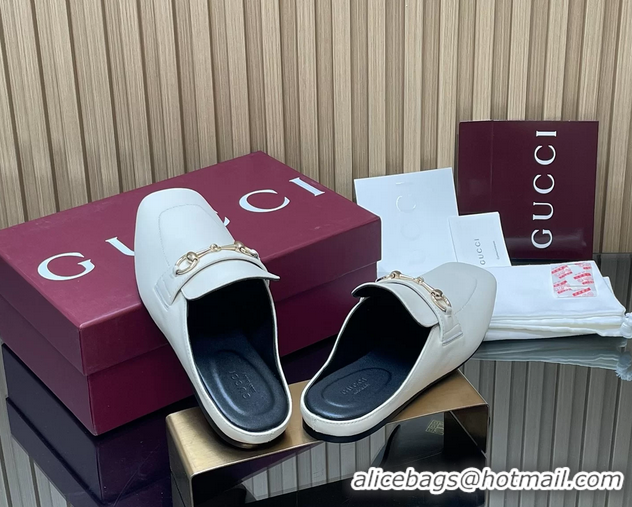 Hot Style Gucci Ragazzo Horsebit Flat Mules White Calf Leather 260503 White