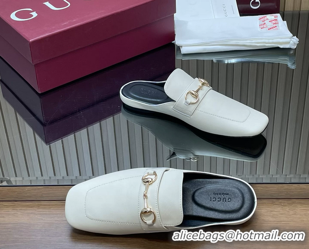Hot Style Gucci Ragazzo Horsebit Flat Mules White Calf Leather 260503 White