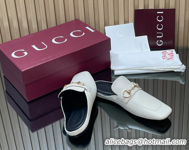 Hot Style Gucci Ragazzo Horsebit Flat Mules White Calf Leather 260503 White
