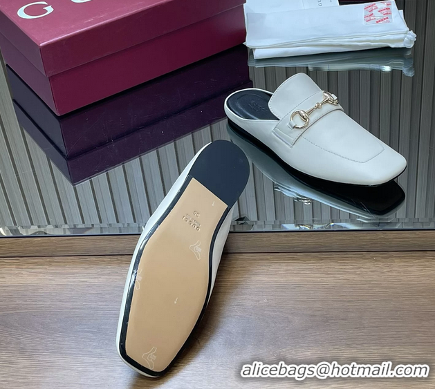 Hot Style Gucci Ragazzo Horsebit Flat Mules White Calf Leather 260503 White