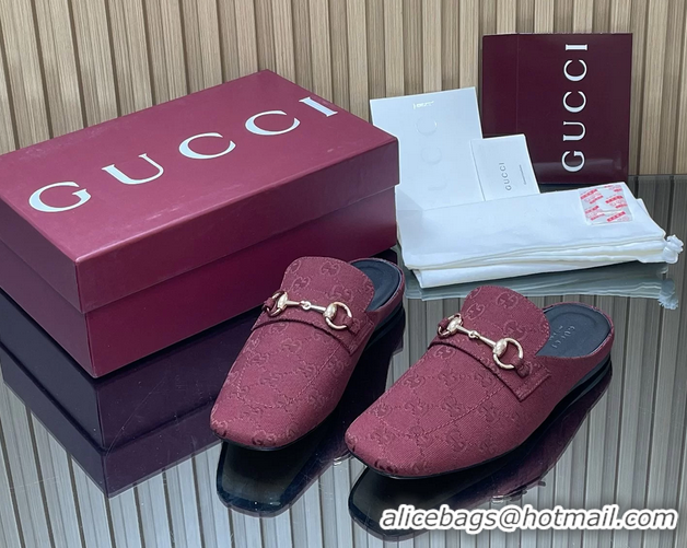 Duplicate Gucci Ragazzo Horsebit Flat Mules Red GG Canvas 260503 Red