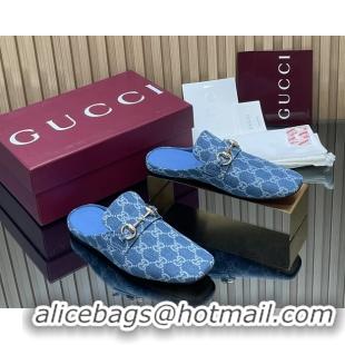 Low Price Gucci Ragazzo Horsebit Flat Mules Light Blue GG Canvas 260503 Light Blue