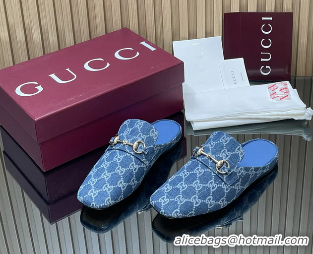 Low Price Gucci Ragazzo Horsebit Flat Mules Light Blue GG Canvas 260503 Light Blue