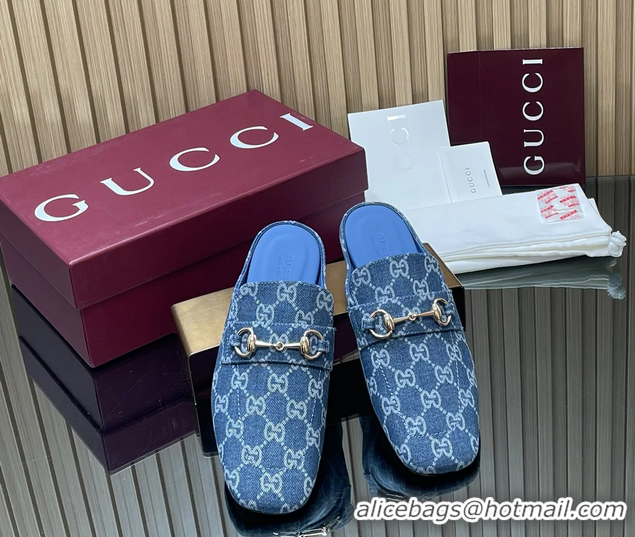 Low Price Gucci Ragazzo Horsebit Flat Mules Light Blue GG Canvas 260503 Light Blue