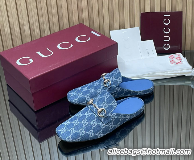 Low Price Gucci Ragazzo Horsebit Flat Mules Light Blue GG Canvas 260503 Light Blue