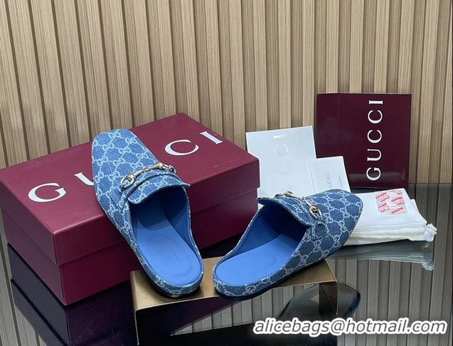 Low Price Gucci Ragazzo Horsebit Flat Mules Light Blue GG Canvas 260503 Light Blue