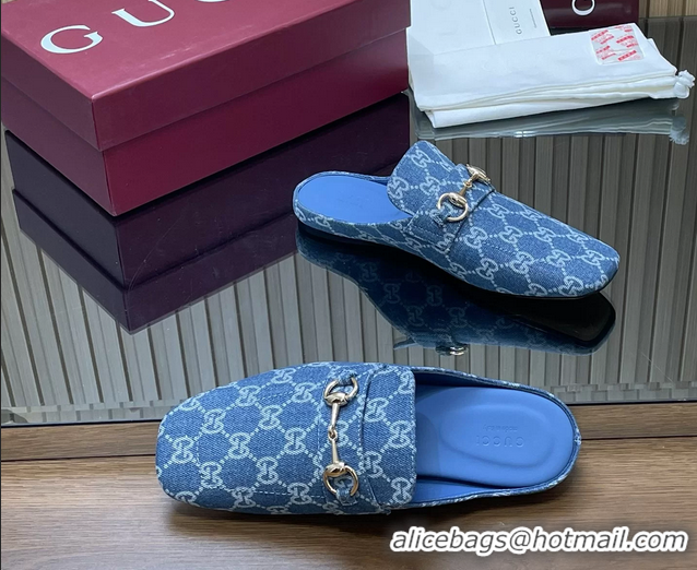 Low Price Gucci Ragazzo Horsebit Flat Mules Light Blue GG Canvas 260503 Light Blue