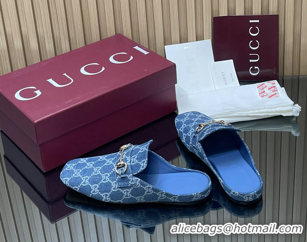 Low Price Gucci Ragazzo Horsebit Flat Mules Light Blue GG Canvas 260503 Light Blue