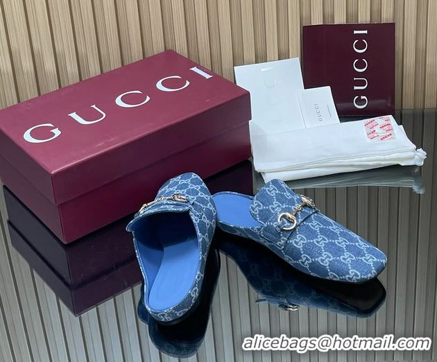 Low Price Gucci Ragazzo Horsebit Flat Mules Light Blue GG Canvas 260503 Light Blue