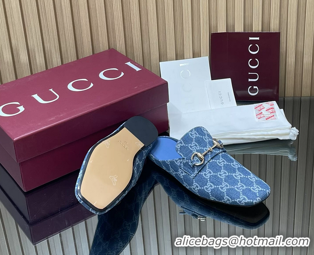 Low Price Gucci Ragazzo Horsebit Flat Mules Light Blue GG Canvas 260503 Light Blue