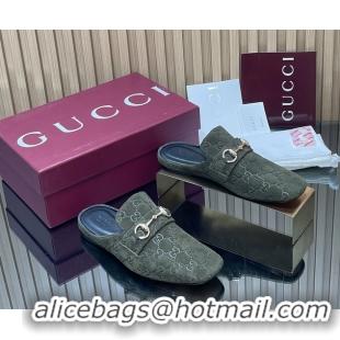 Most Popular Gucci Ragazzo Horsebit Flat Mules Dark Green GG Suede Leather 260503 Dark Green