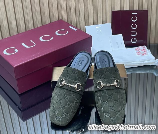 Most Popular Gucci Ragazzo Horsebit Flat Mules Dark Green GG Suede Leather 260503 Dark Green