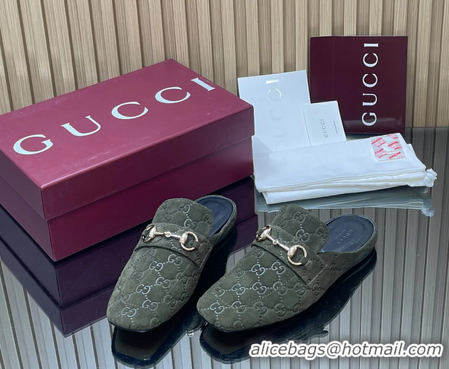 Most Popular Gucci Ragazzo Horsebit Flat Mules Dark Green GG Suede Leather 260503 Dark Green
