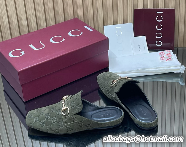 Most Popular Gucci Ragazzo Horsebit Flat Mules Dark Green GG Suede Leather 260503 Dark Green