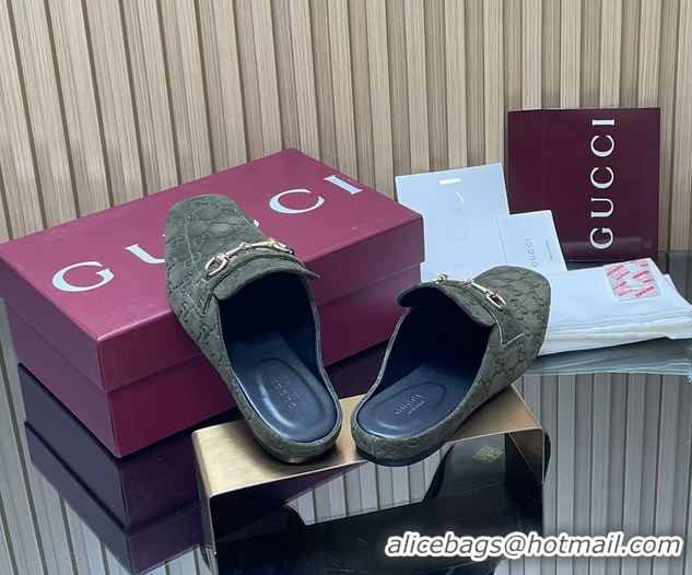 Most Popular Gucci Ragazzo Horsebit Flat Mules Dark Green GG Suede Leather 260503 Dark Green
