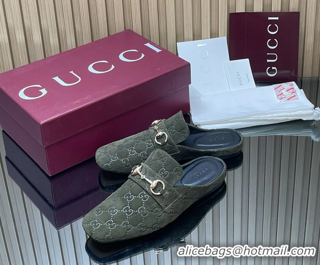 Most Popular Gucci Ragazzo Horsebit Flat Mules Dark Green GG Suede Leather 260503 Dark Green