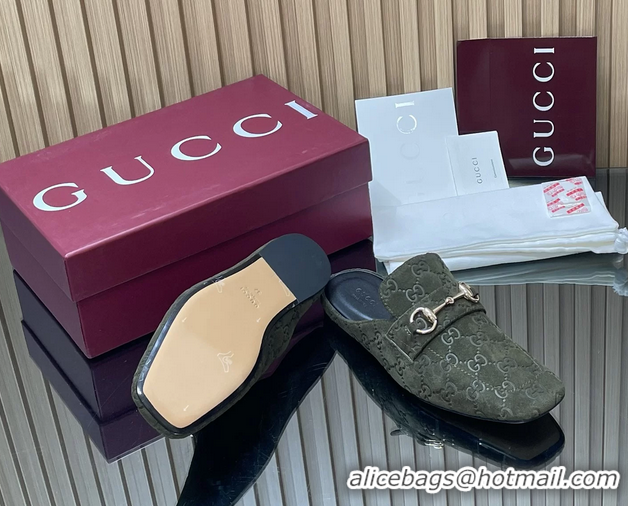 Most Popular Gucci Ragazzo Horsebit Flat Mules Dark Green GG Suede Leather 260503 Dark Green