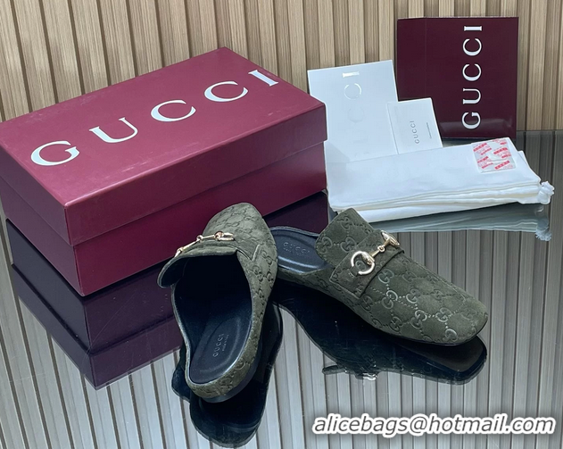 Most Popular Gucci Ragazzo Horsebit Flat Mules Dark Green GG Suede Leather 260503 Dark Green