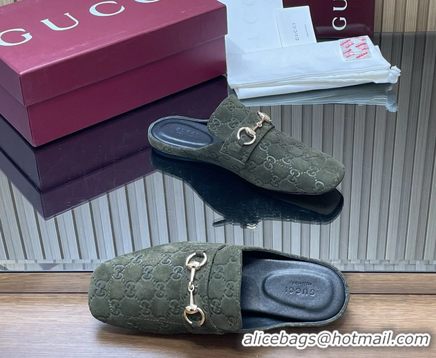 Most Popular Gucci Ragazzo Horsebit Flat Mules Dark Green GG Suede Leather 260503 Dark Green