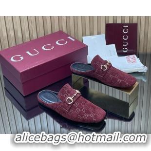 Popular Style Gucci Ragazzo Horsebit Flat Mules Burgundy GG Suede Leather 260503 Burgundy