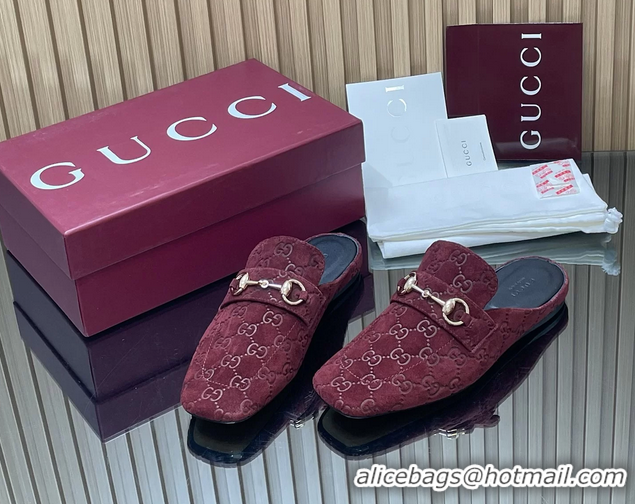 Popular Style Gucci Ragazzo Horsebit Flat Mules Burgundy GG Suede Leather 260503 Burgundy