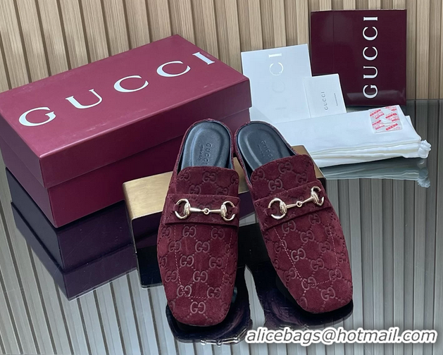 Popular Style Gucci Ragazzo Horsebit Flat Mules Burgundy GG Suede Leather 260503 Burgundy