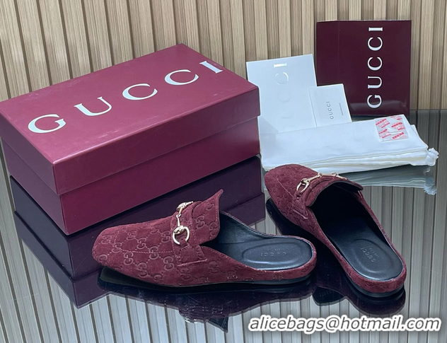 Popular Style Gucci Ragazzo Horsebit Flat Mules Burgundy GG Suede Leather 260503 Burgundy