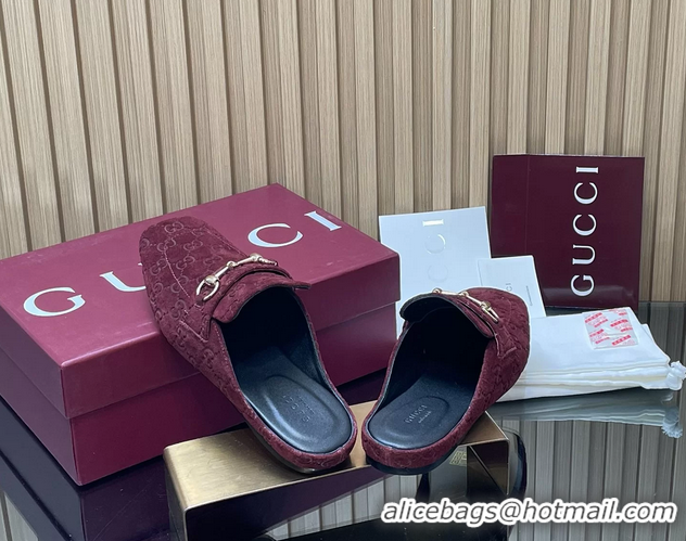 Popular Style Gucci Ragazzo Horsebit Flat Mules Burgundy GG Suede Leather 260503 Burgundy