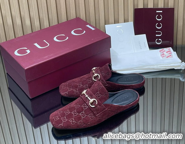 Popular Style Gucci Ragazzo Horsebit Flat Mules Burgundy GG Suede Leather 260503 Burgundy