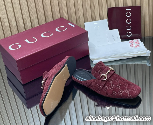 Popular Style Gucci Ragazzo Horsebit Flat Mules Burgundy GG Suede Leather 260503 Burgundy