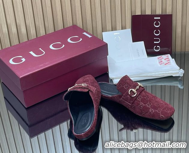 Popular Style Gucci Ragazzo Horsebit Flat Mules Burgundy GG Suede Leather 260503 Burgundy