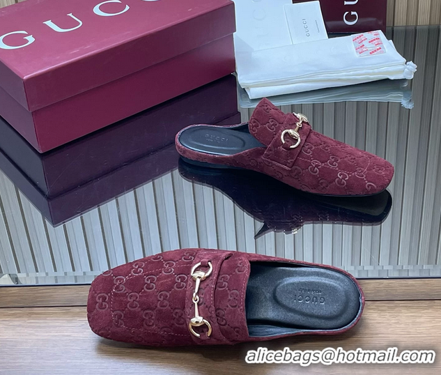 Popular Style Gucci Ragazzo Horsebit Flat Mules Burgundy GG Suede Leather 260503 Burgundy