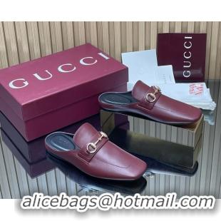 Unique Style Gucci Ragazzo Horsebit Flat Mules Burgundy Calf Leather 260503 Burgundy