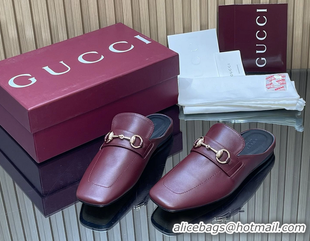 Unique Style Gucci Ragazzo Horsebit Flat Mules Burgundy Calf Leather 260503 Burgundy