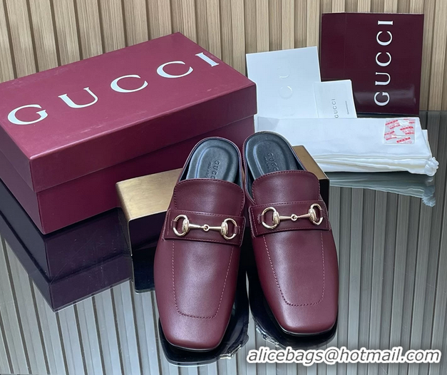 Unique Style Gucci Ragazzo Horsebit Flat Mules Burgundy Calf Leather 260503 Burgundy